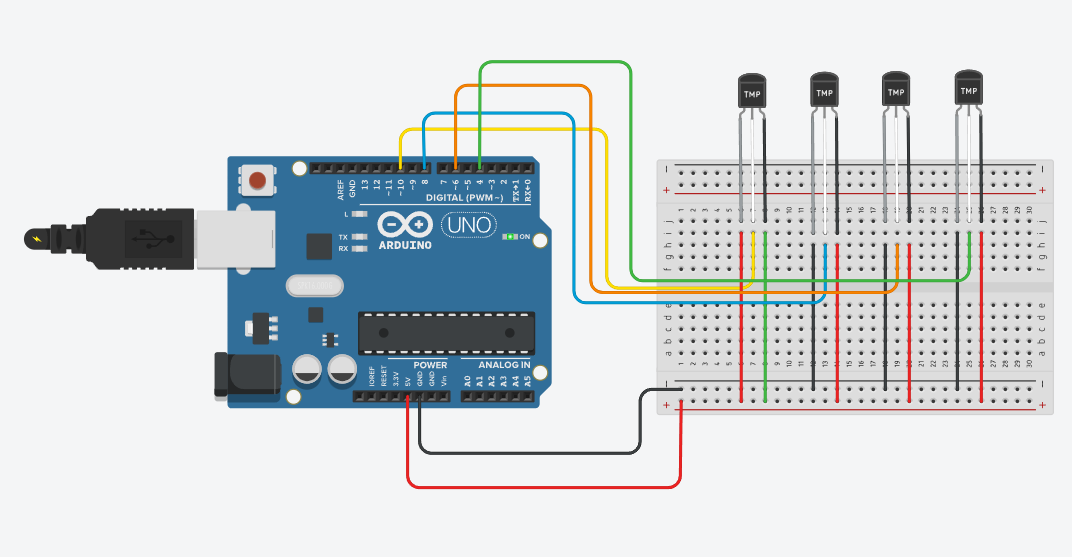Arduino wiring diagram for four temperature sensors
