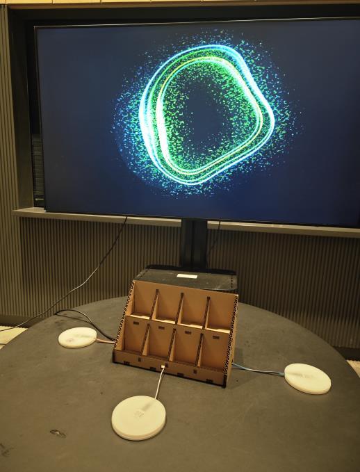 Installation screen, electronics enclosure, and four coasters