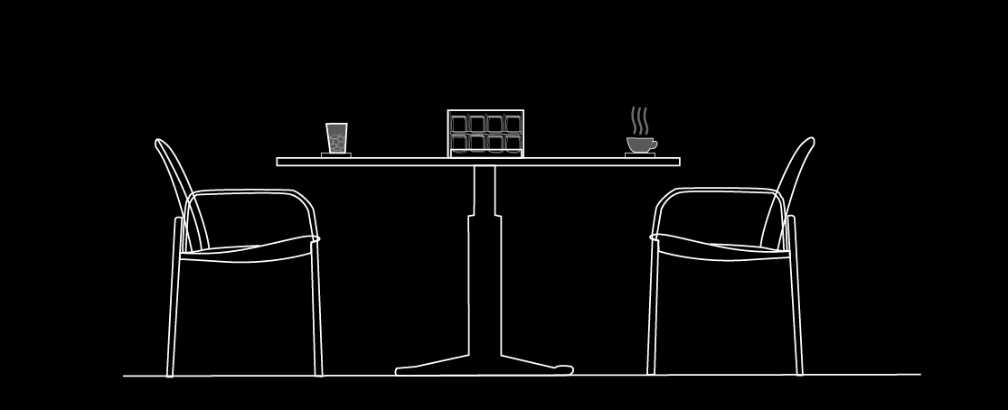 Four sensor coasters arranged around a café table